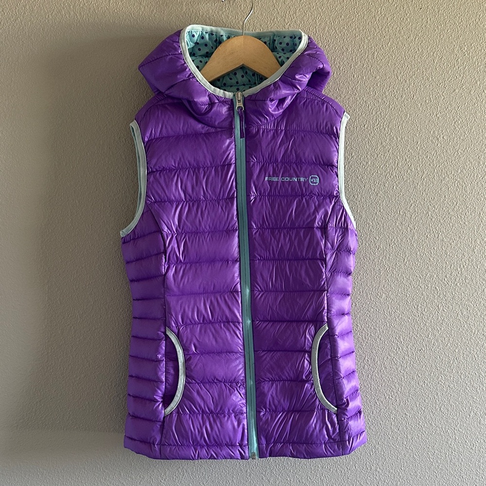 Free Country Bright Purple Quilted Hooded Puffer Vest with Mint Trim